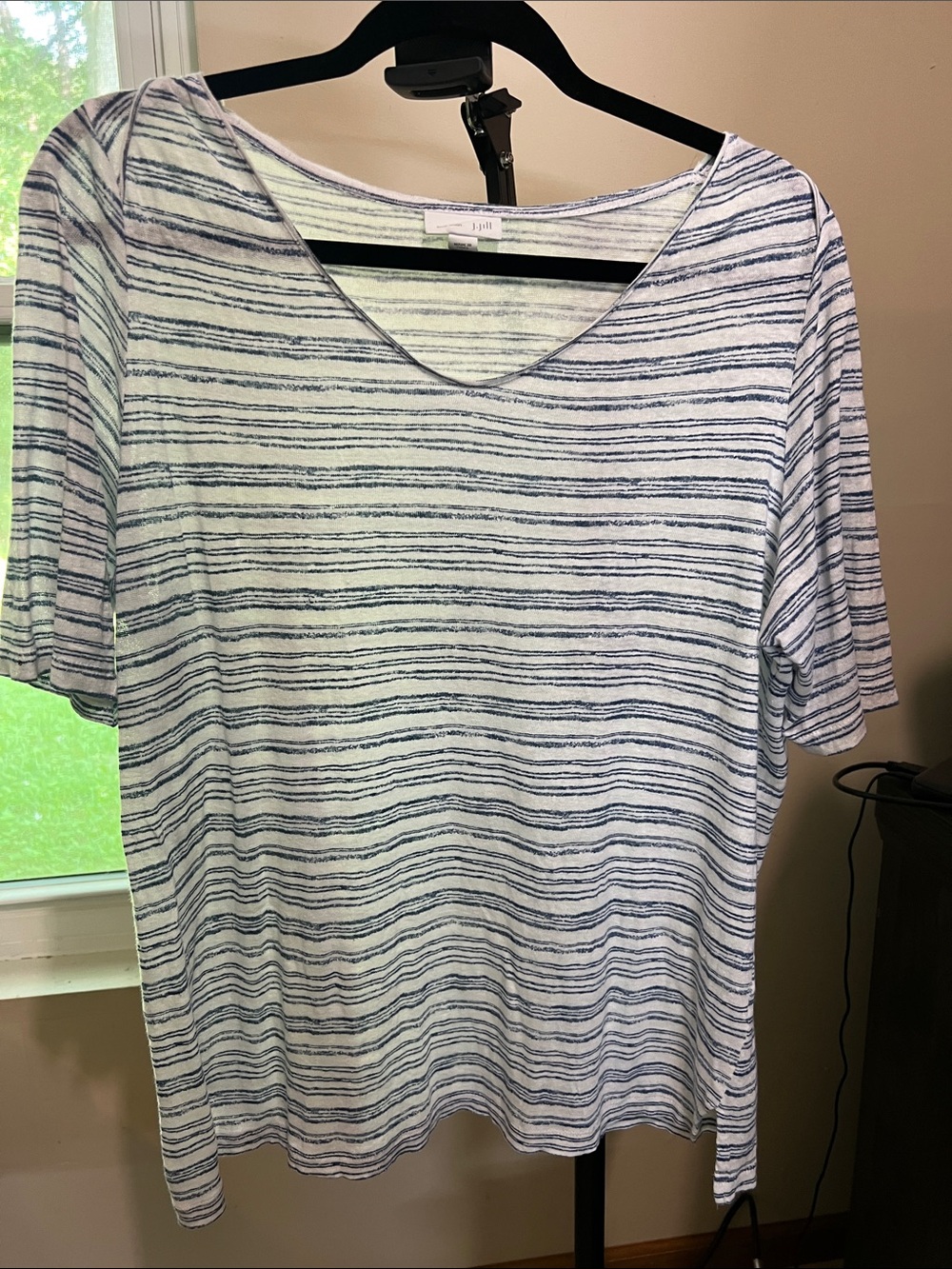 J. Jill Women's Short Sleeve V-Neck Striped Tee — White & Navy